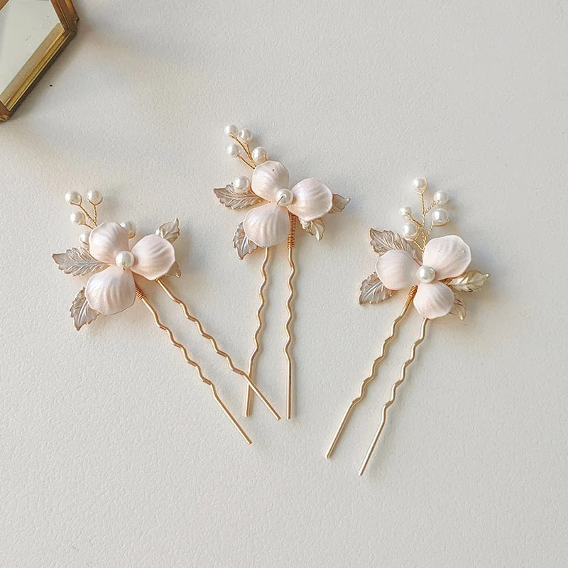 Caro Flower Hair Pins with Pearl - Lizabetha Parker
