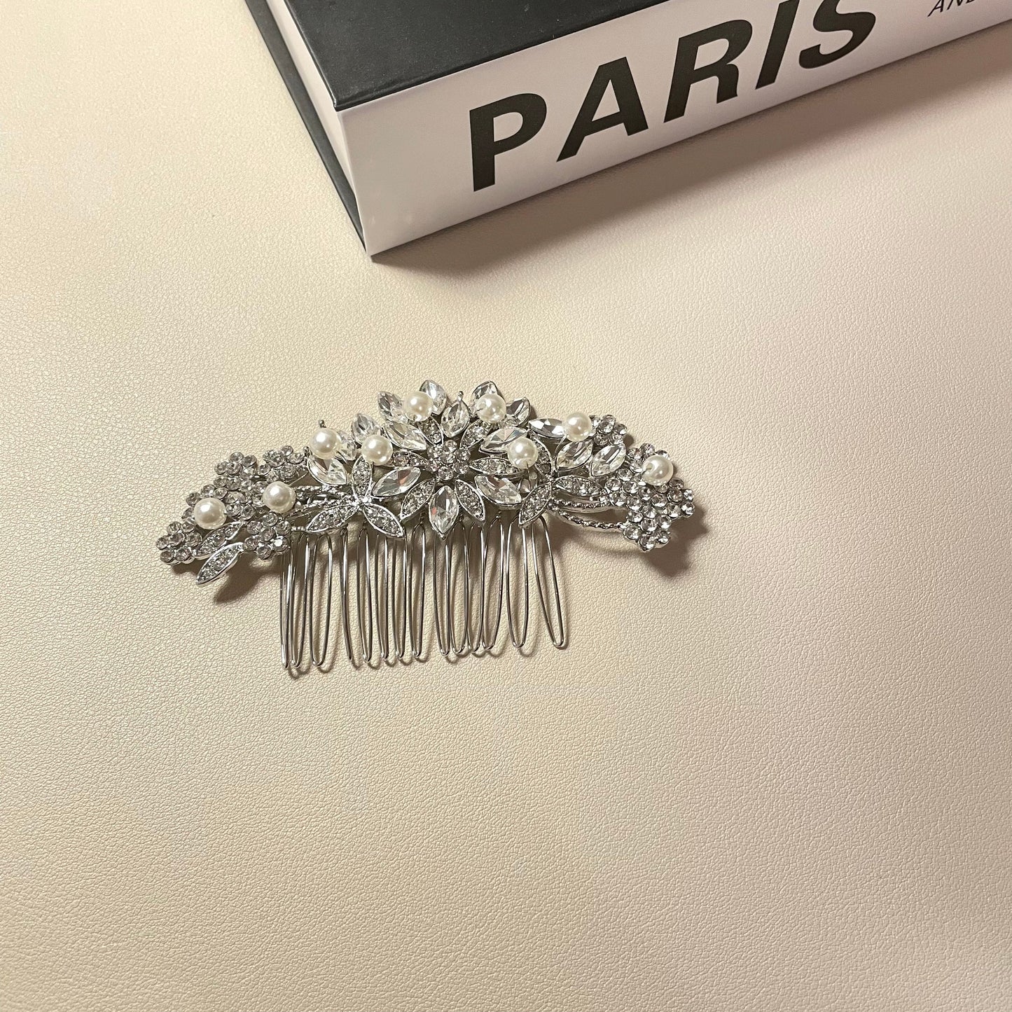 LUNA Antique Silver Crystal Pearl Hair Comb - Lizabetha Parker