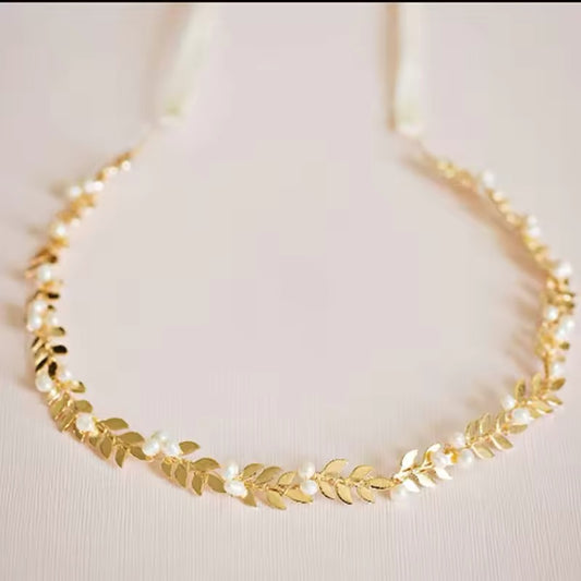 Freda Gold Leaf Pearls Bridal Hair Vine - Lizabetha Parker