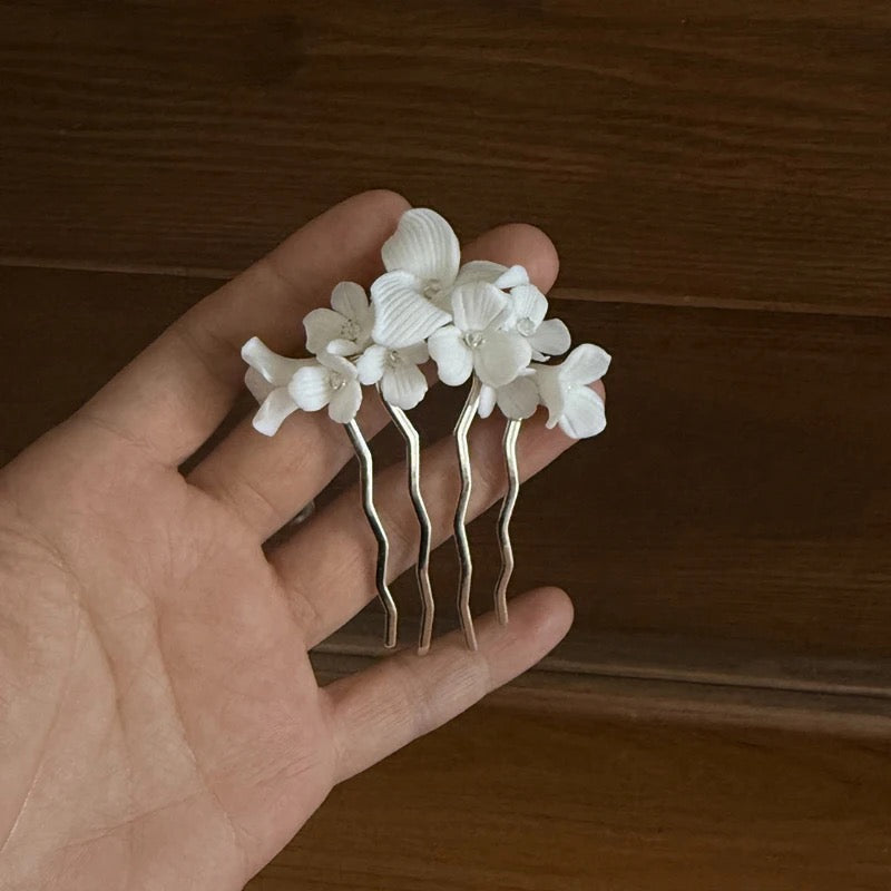 Donna White Flower and Pearl Silver Bridal Hair Comb - Lizabetha Parker