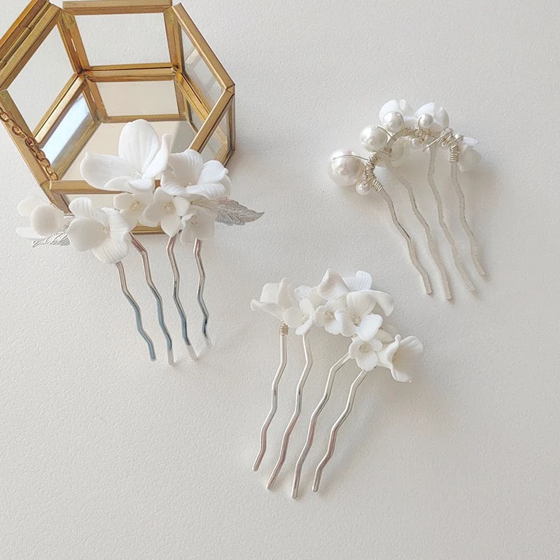 Donna White Flower and Pearl Silver Bridal Hair Comb - Lizabetha Parker