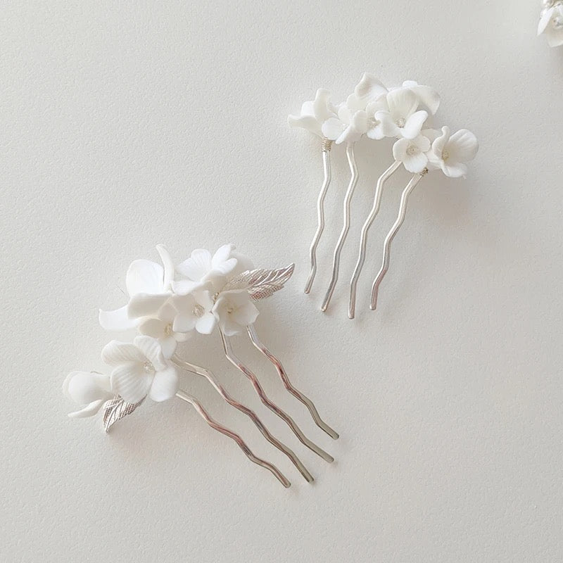 Donna White Flower and Pearl Silver Bridal Hair Comb - Lizabetha Parker