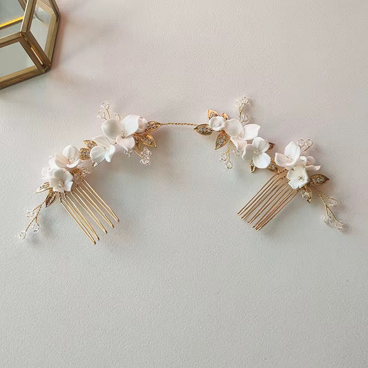 Tana White Flower and Gold Leaves Bridal Hair Comb - Lizabetha Parker