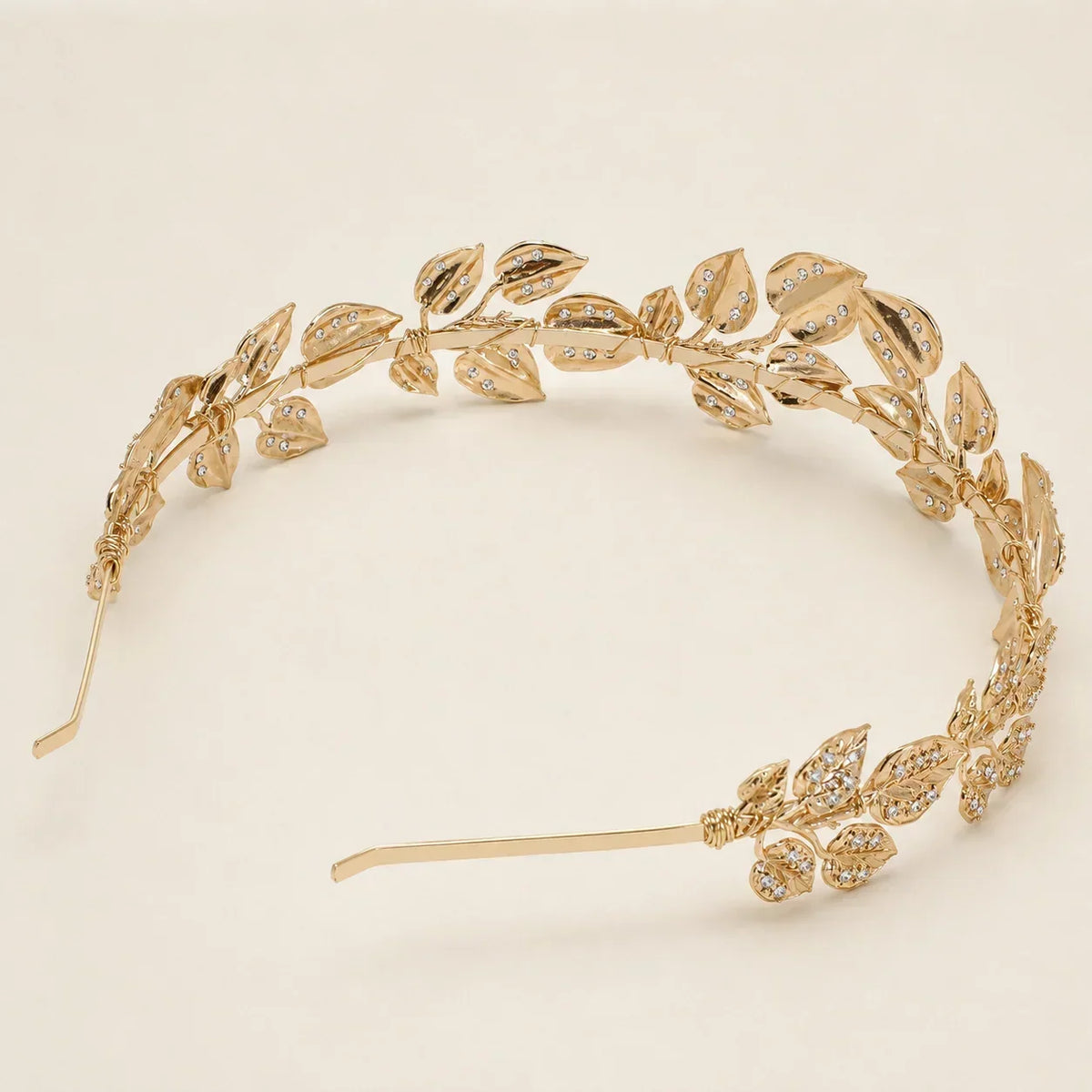 Lizabetha Parker Cleo gold bridal headband with sparkling crystals and leaf design