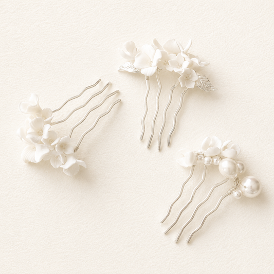 Peigne à cheveux de mariée en argent avec fleur blanche et perle Donna