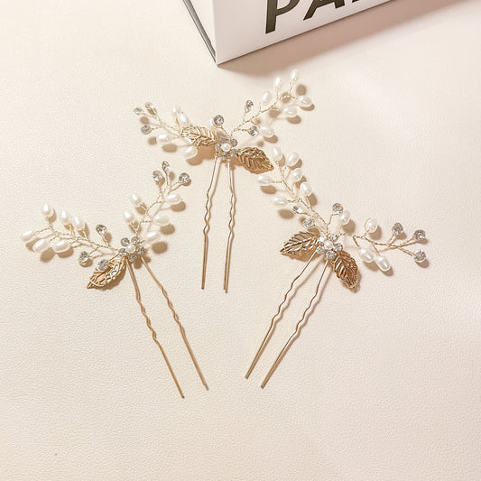 Épingles à cheveux en perles et feuilles dorées d'Arlet