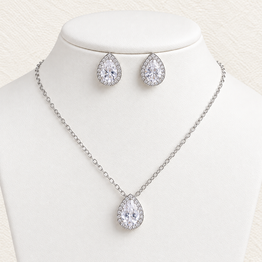 VALENTINA PEAR CUT CZ NECKLACE & EARRINGS JEWELLERY SET