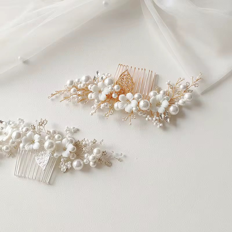 Quinn White Flower and Leaves Bridal Hair Comb - Lizabetha Parker