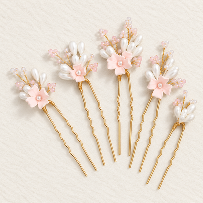 ELARA BLUSH PEARL FLORAL BRIDAL HAIR PINS