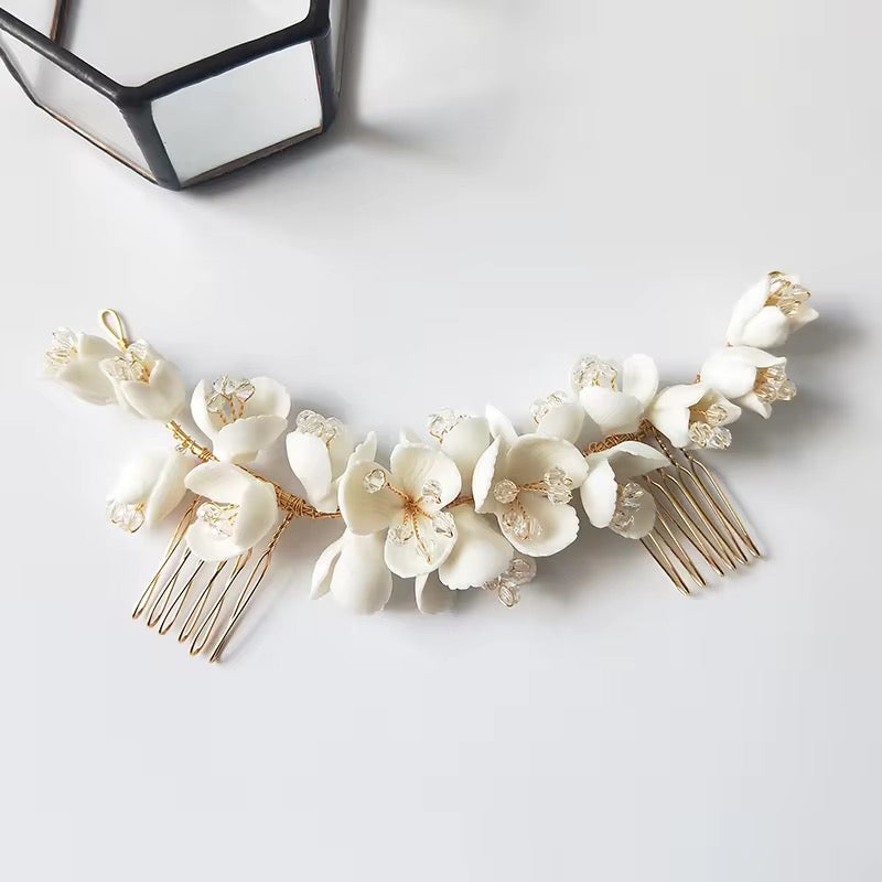 Aubree White Flower Hair Comb - Lizabetha Parker