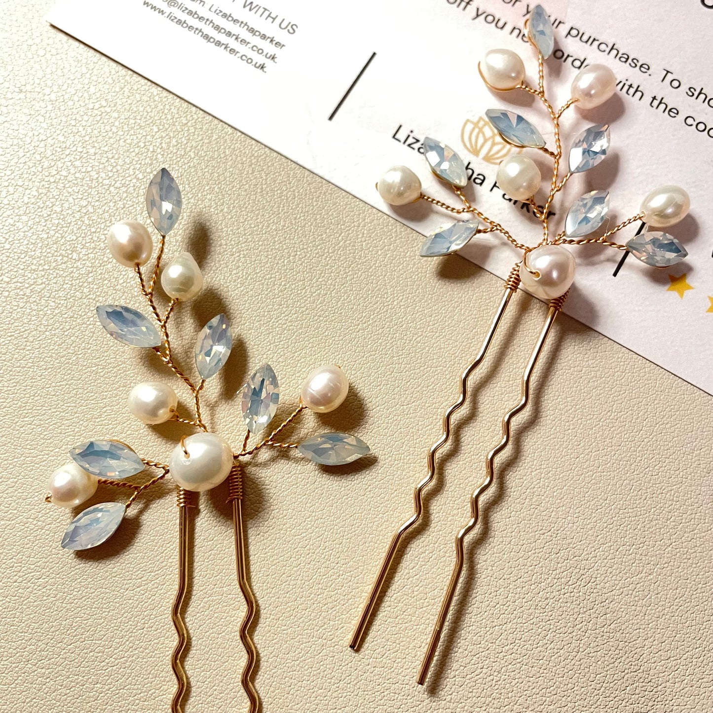 Amber Pearl and Opal Hair Pins