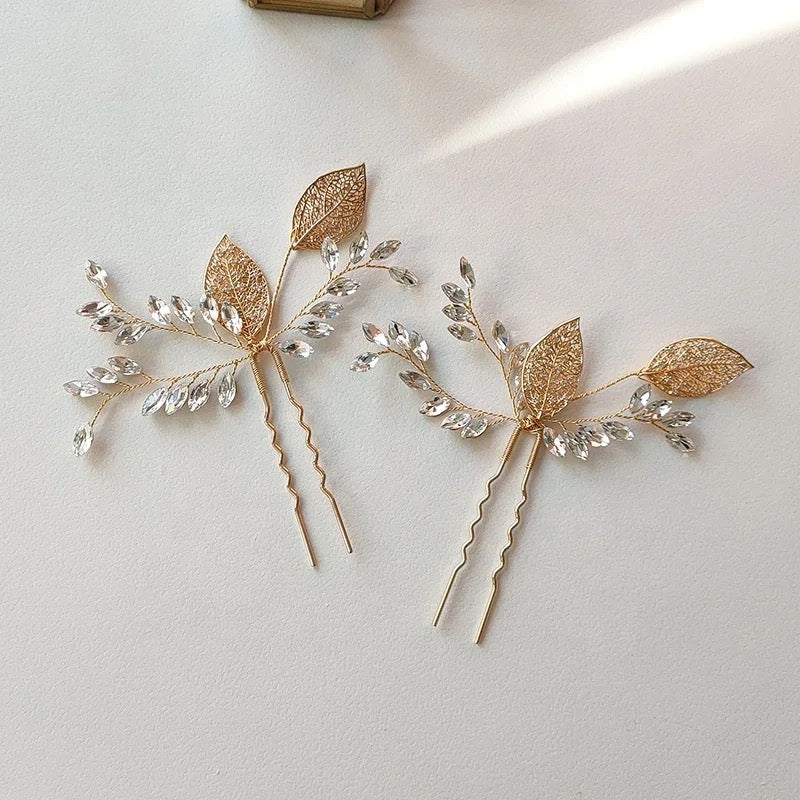 Valerie Leaf and Crystal Hair Pins - Lizabetha Parker