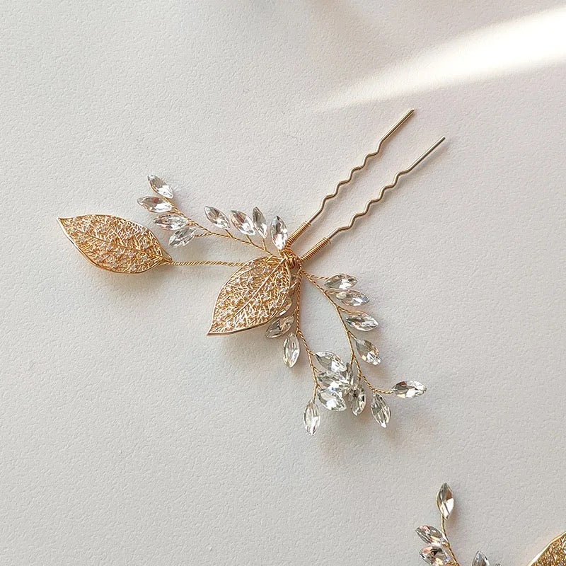 Valerie Leaf and Crystal Hair Pins - Lizabetha Parker