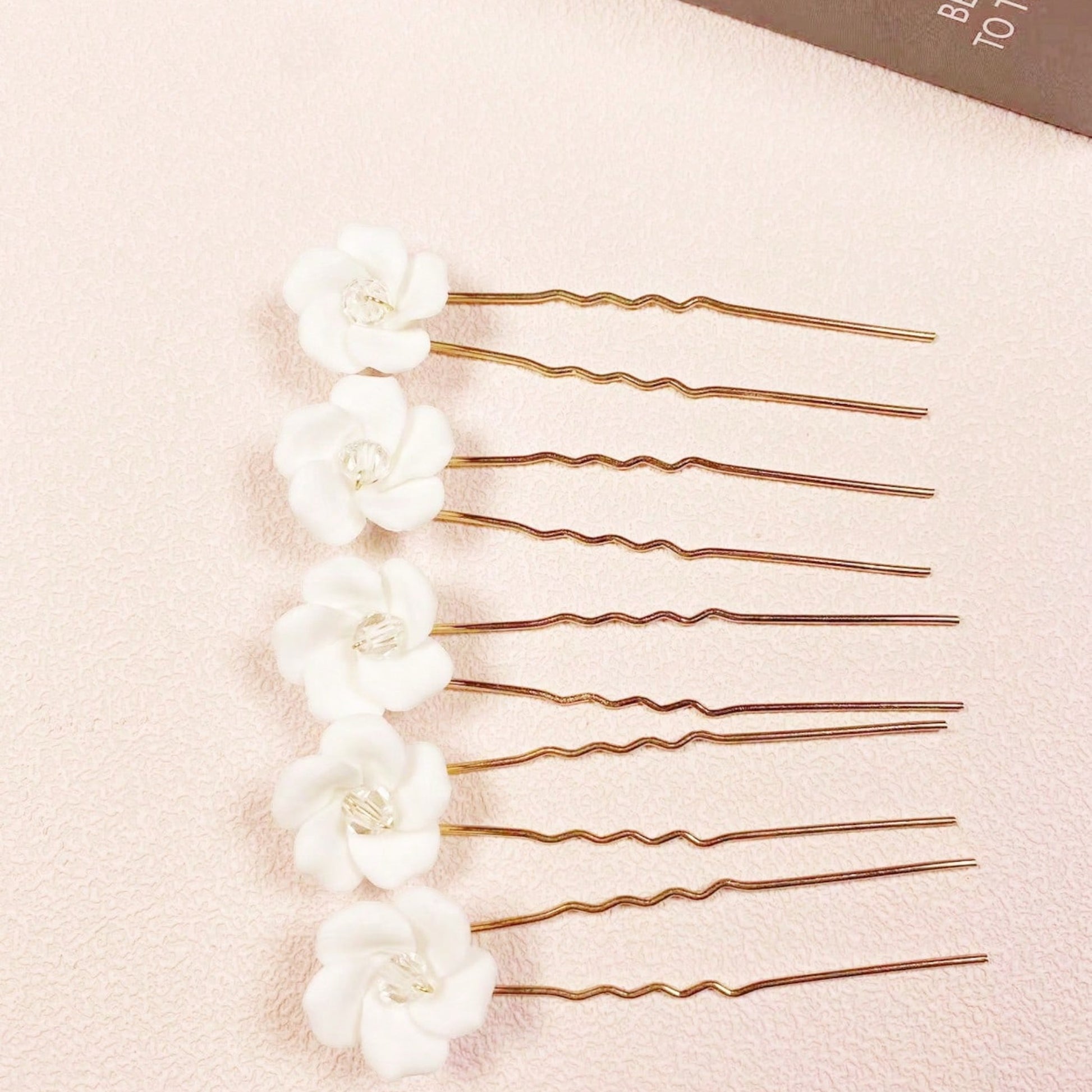 Carla White Flower Hair Pins - Lizabetha Parker