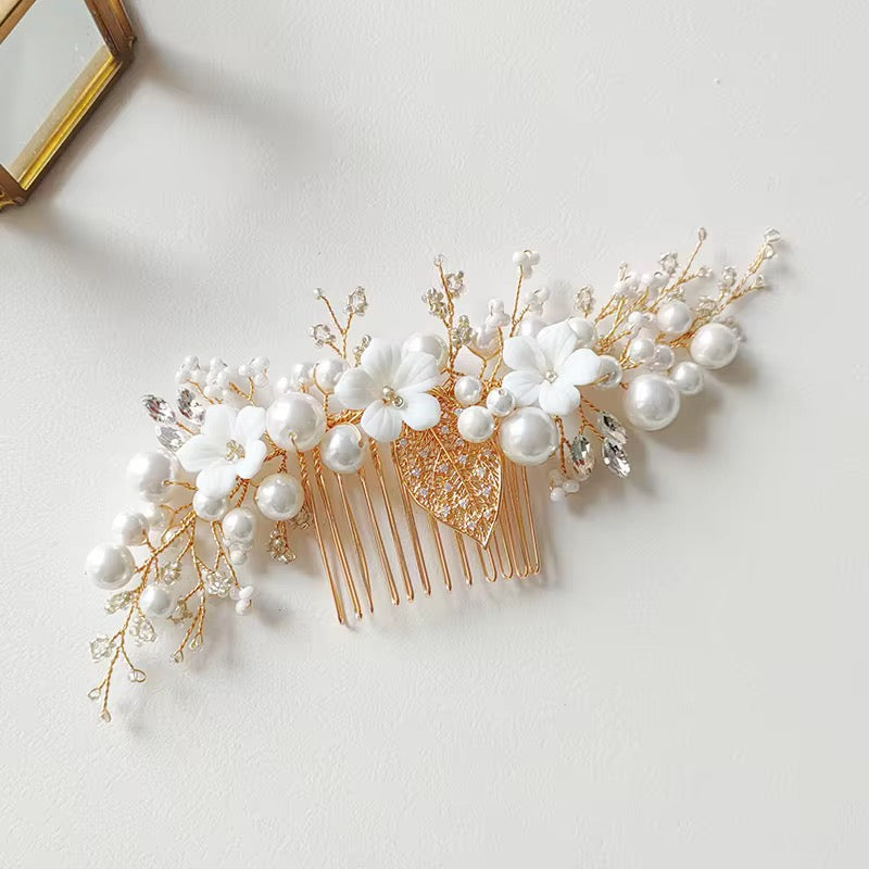 Quinn White Flower and Leaves Bridal Hair Comb - Lizabetha Parker