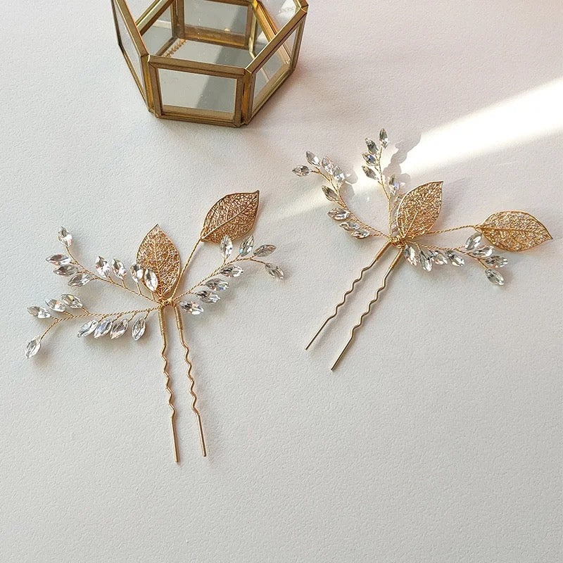 Valerie Leaf and Crystal Hair Pins