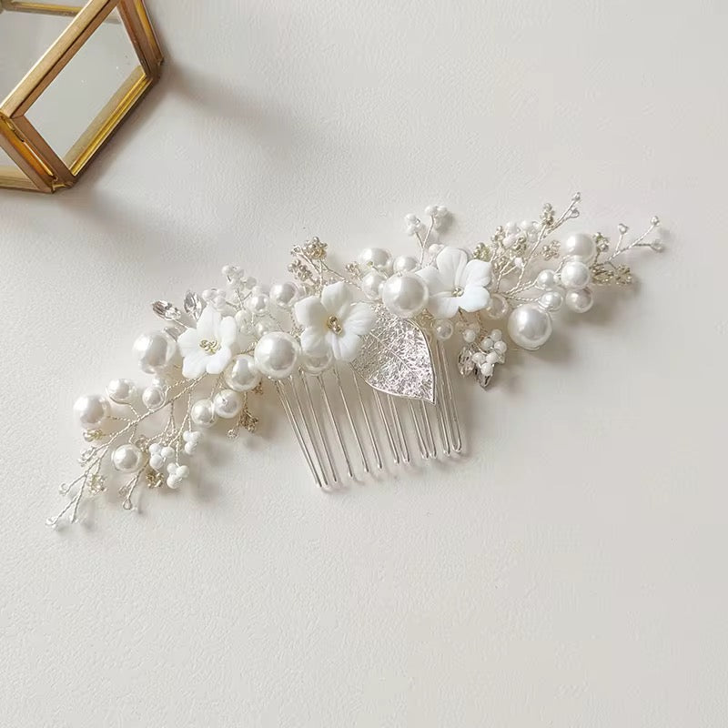 Quinn White Flower and Leaves Bridal Hair Comb - Lizabetha Parker