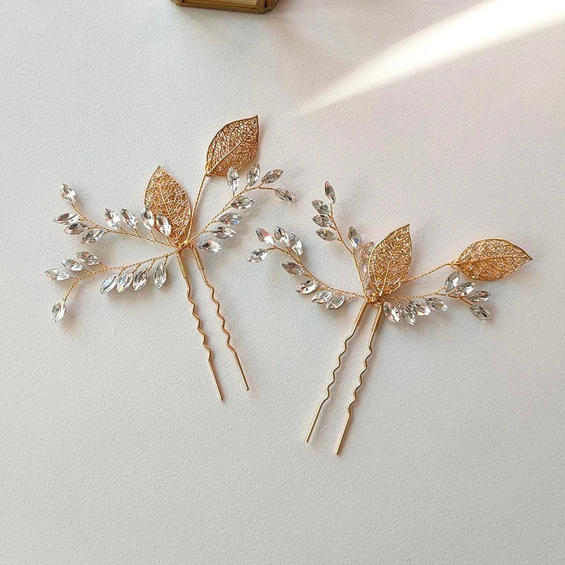 Valerie Leaf and Crystal Hair Pins