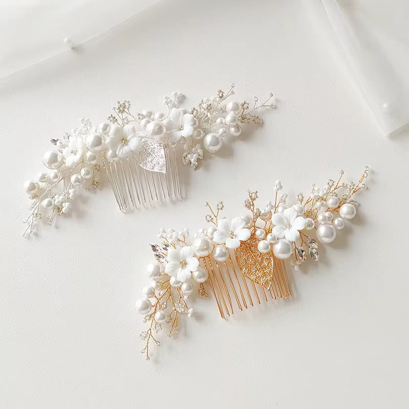 Quinn White Flower and Leaves Bridal Hair Comb - Lizabetha Parker