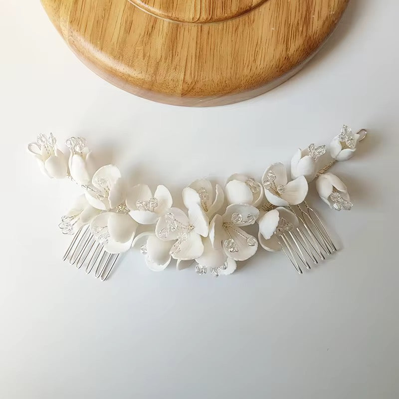 Aubree White Flower Hair Comb - Lizabetha Parker