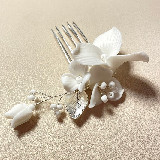 Adele White Flower and Pearl Silver Bridal Hair Comb