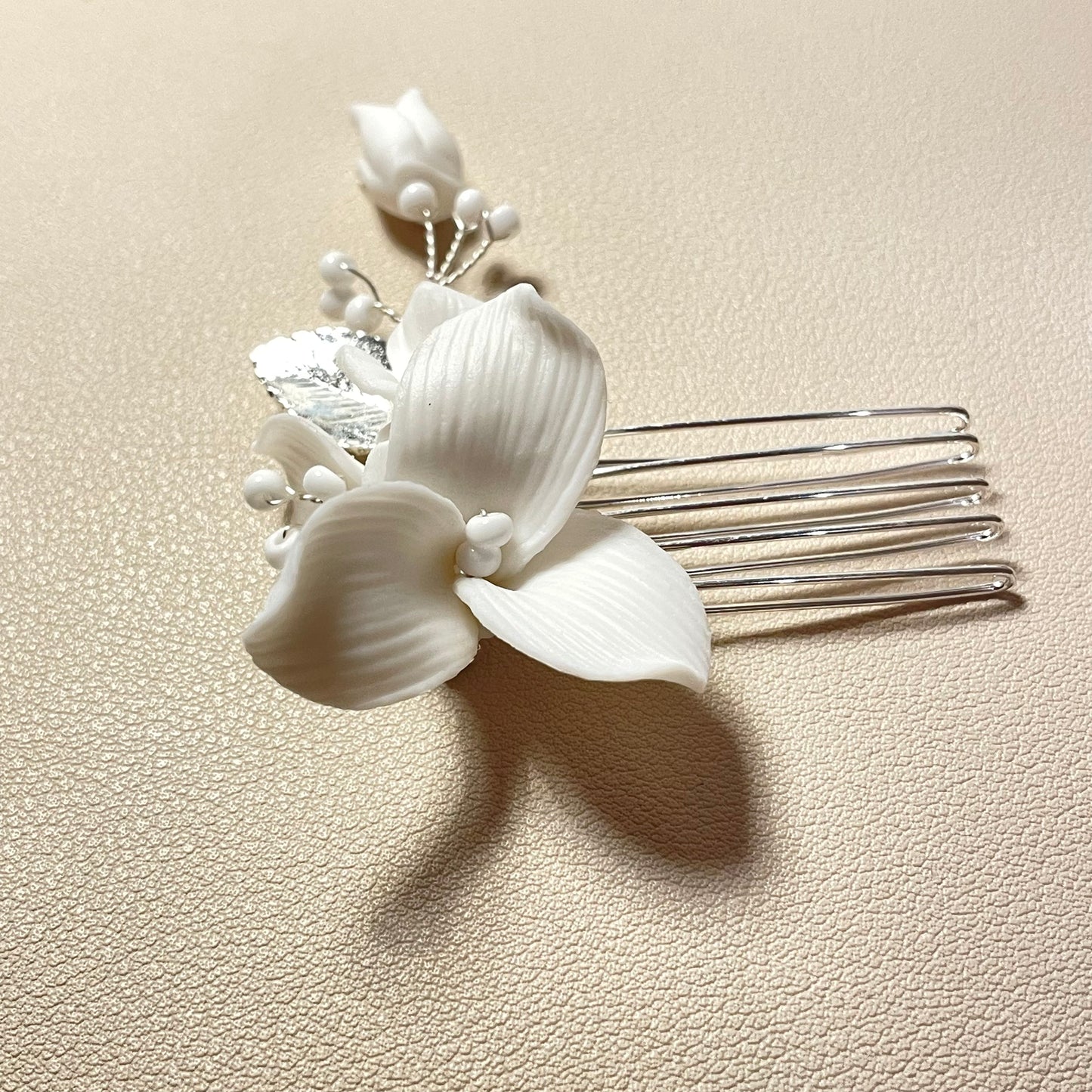 Adele White Flower and Pearl Silver Bridal Hair Comb