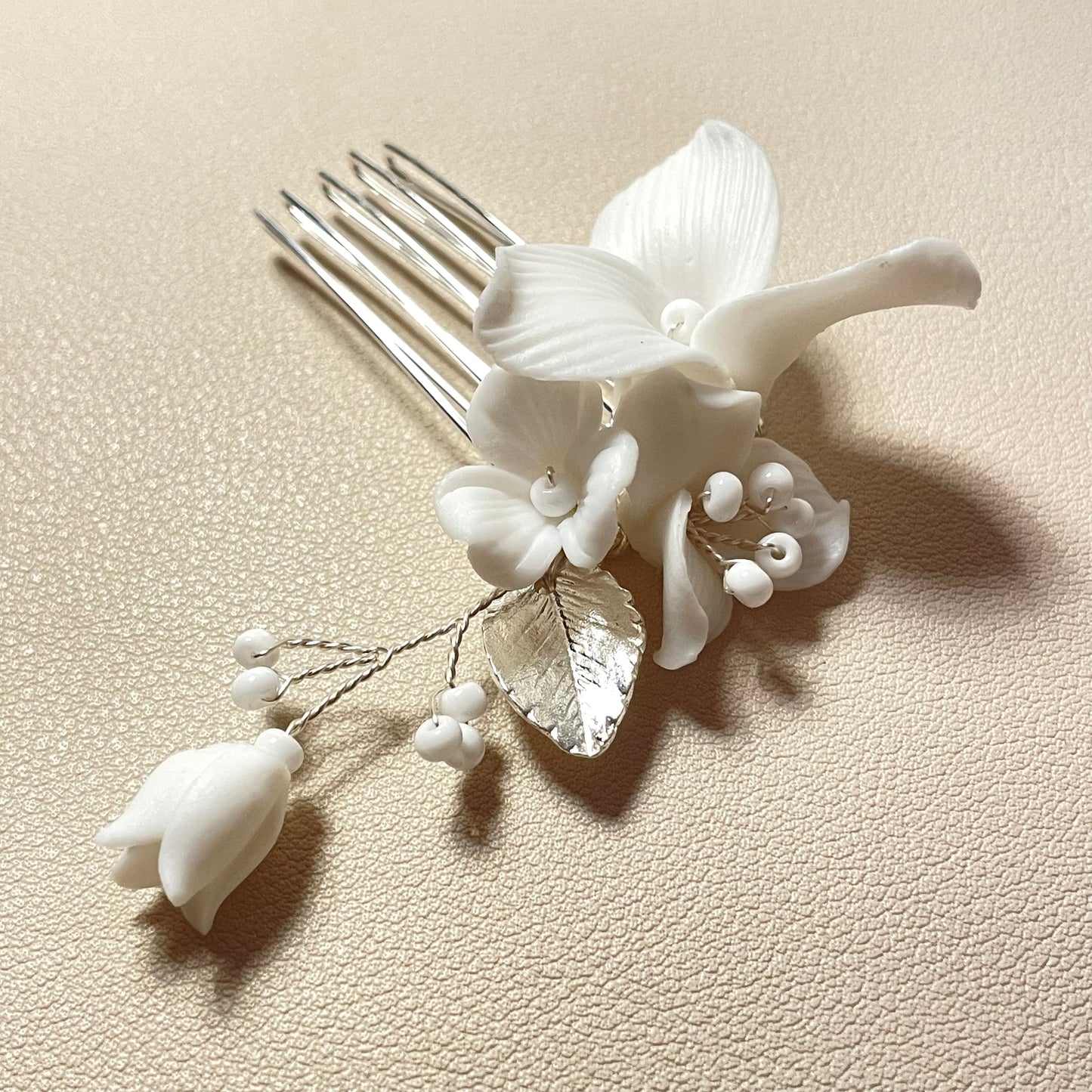 Adele White Flower and Pearl Silver Bridal Hair Comb