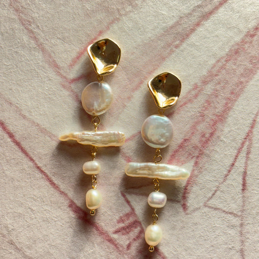 Gold Baroque Coin Pearl Long Drop