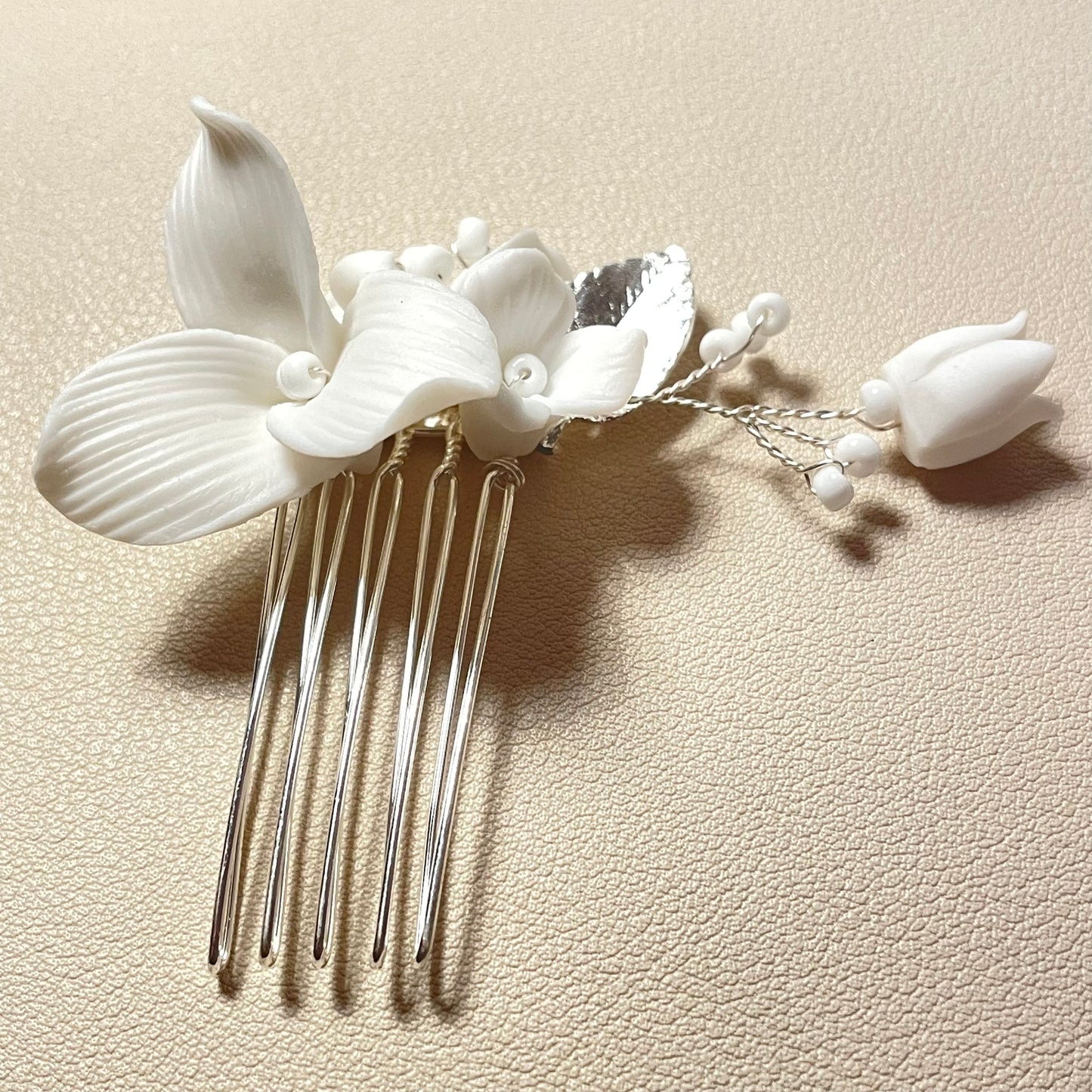 Adele White Flower and Pearl Silver Bridal Hair Comb