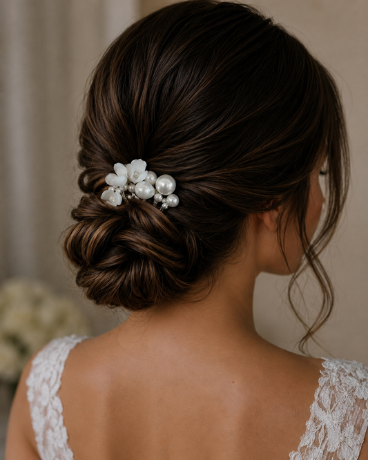 Peigne à cheveux de mariée en argent avec fleur blanche et perle Donna