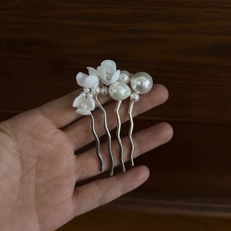 Donna White Flower and Pearl Silver Bridal Hair Comb