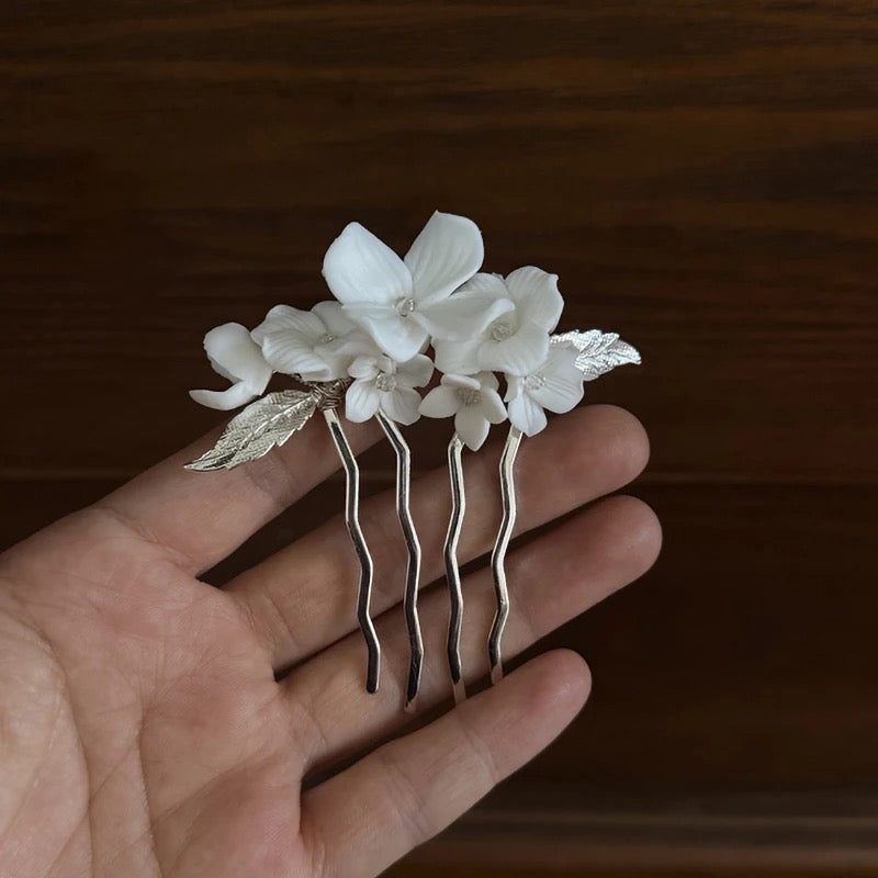 Donna White Flower and Pearl Silver Bridal Hair Comb