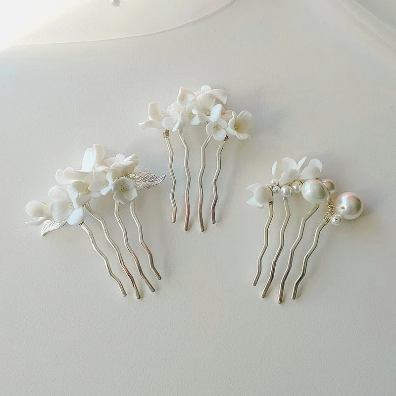 Donna White Flower and Pearl Silver Bridal Hair Comb