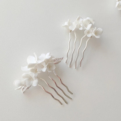 Donna White Flower and Pearl Silver Bridal Hair Comb - Lizabetha Parker