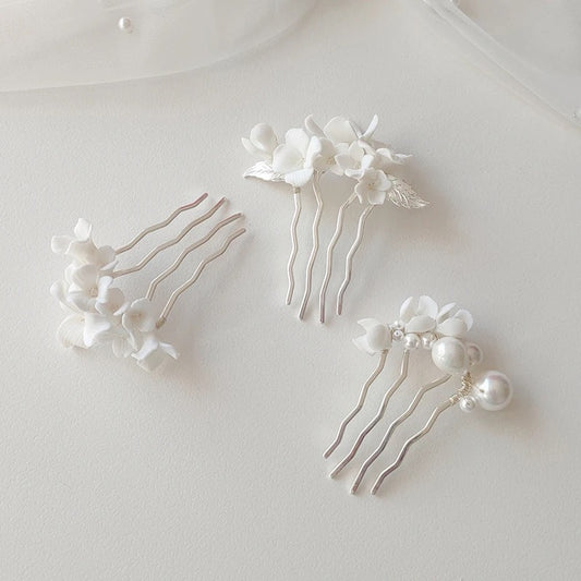 Donna White Flower and Pearl Silver Bridal Hair Comb