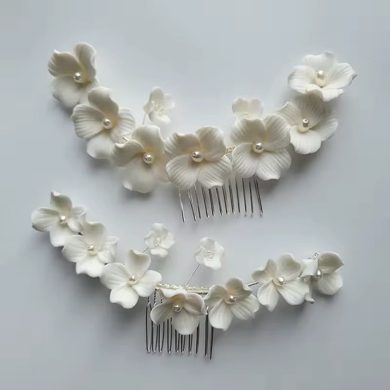 Sienna White Flower and Pearl Silver Bridal Hair Comb - Lizabetha Parker