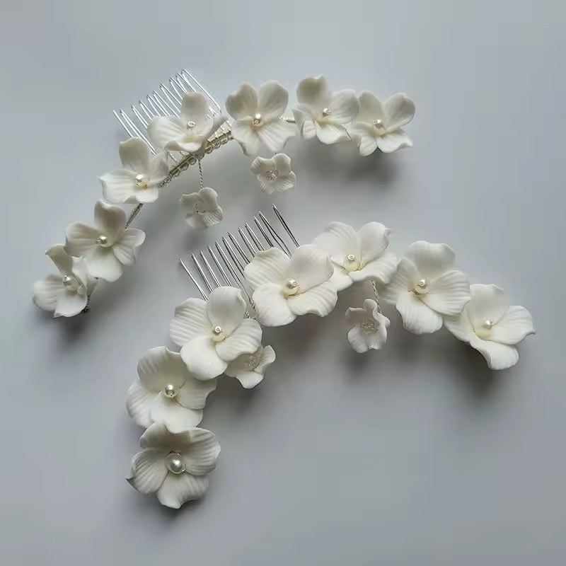 Sienna White Flower and Pearl Silver Bridal Hair Comb - Lizabetha Parker