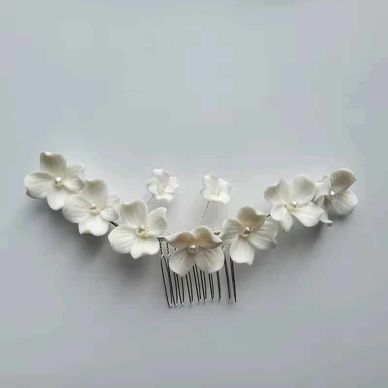 Sienna White Flower and Pearl Silver Bridal Hair Comb - Lizabetha Parker