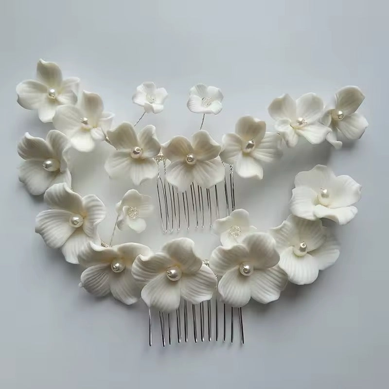 Sienna White Flower and Pearl Silver Bridal Hair Comb - Lizabetha Parker