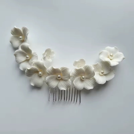 Sienna White Flower and Pearl Silver Bridal Hair Comb - Lizabetha Parker