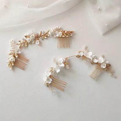 Tana White Flower and Gold Leaves Bridal Hair Comb - Lizabetha Parker