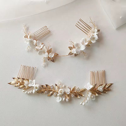 Tana White Flower and Gold Leaves Bridal Hair Comb - Lizabetha Parker