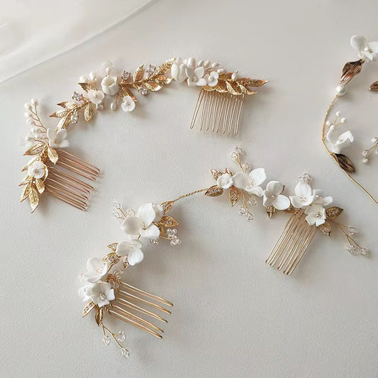 Tana White Flower and Gold Leaves Bridal Hair Comb - Lizabetha Parker