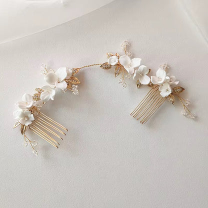 Tana White Flower and Gold Leaves Bridal Hair Comb - Lizabetha Parker