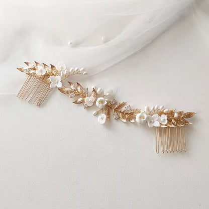 Tana White Flower and Gold Leaves Bridal Hair Comb - Lizabetha Parker