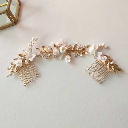 Tana White Flower and Gold Leaves Bridal Hair Comb - Lizabetha Parker
