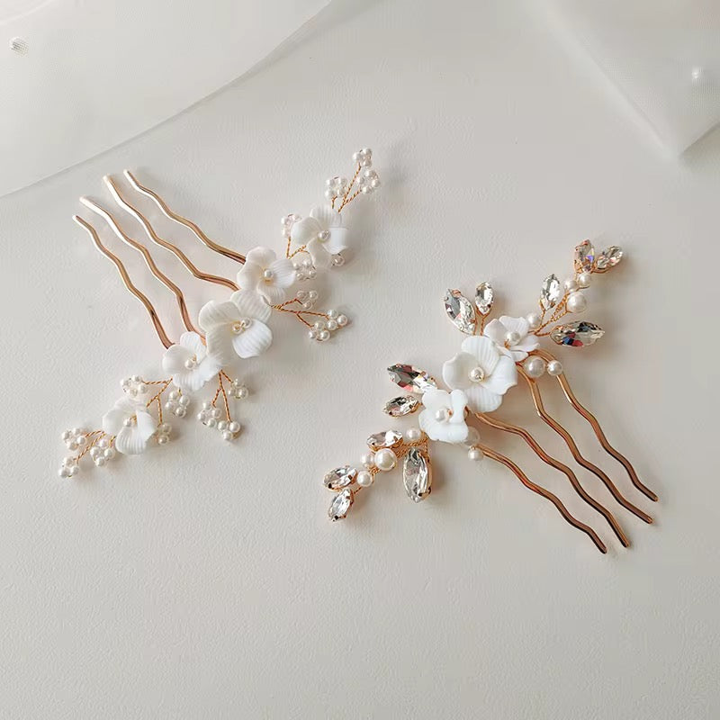 Jill White Flower and Pearl Gold Bridal Hair Comb - Lizabetha Parker