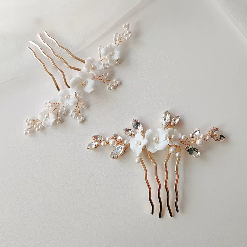 Jill White Flower and Pearl Gold Bridal Hair Comb - Lizabetha Parker