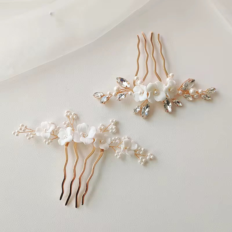 Jill White Flower and Pearl Gold Bridal Hair Comb - Lizabetha Parker