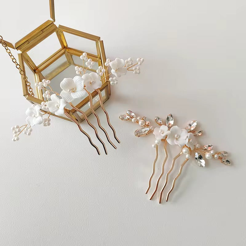 Jill White Flower and Pearl Gold Bridal Hair Comb - Lizabetha Parker